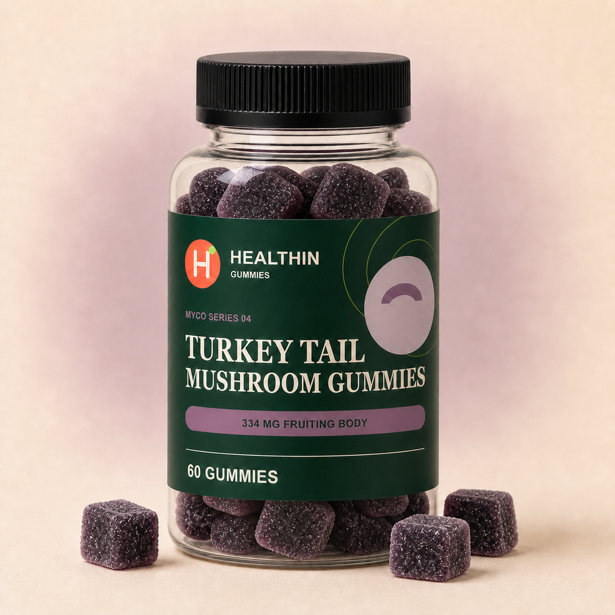 Turkey Tail bottle with Black cherry gummies