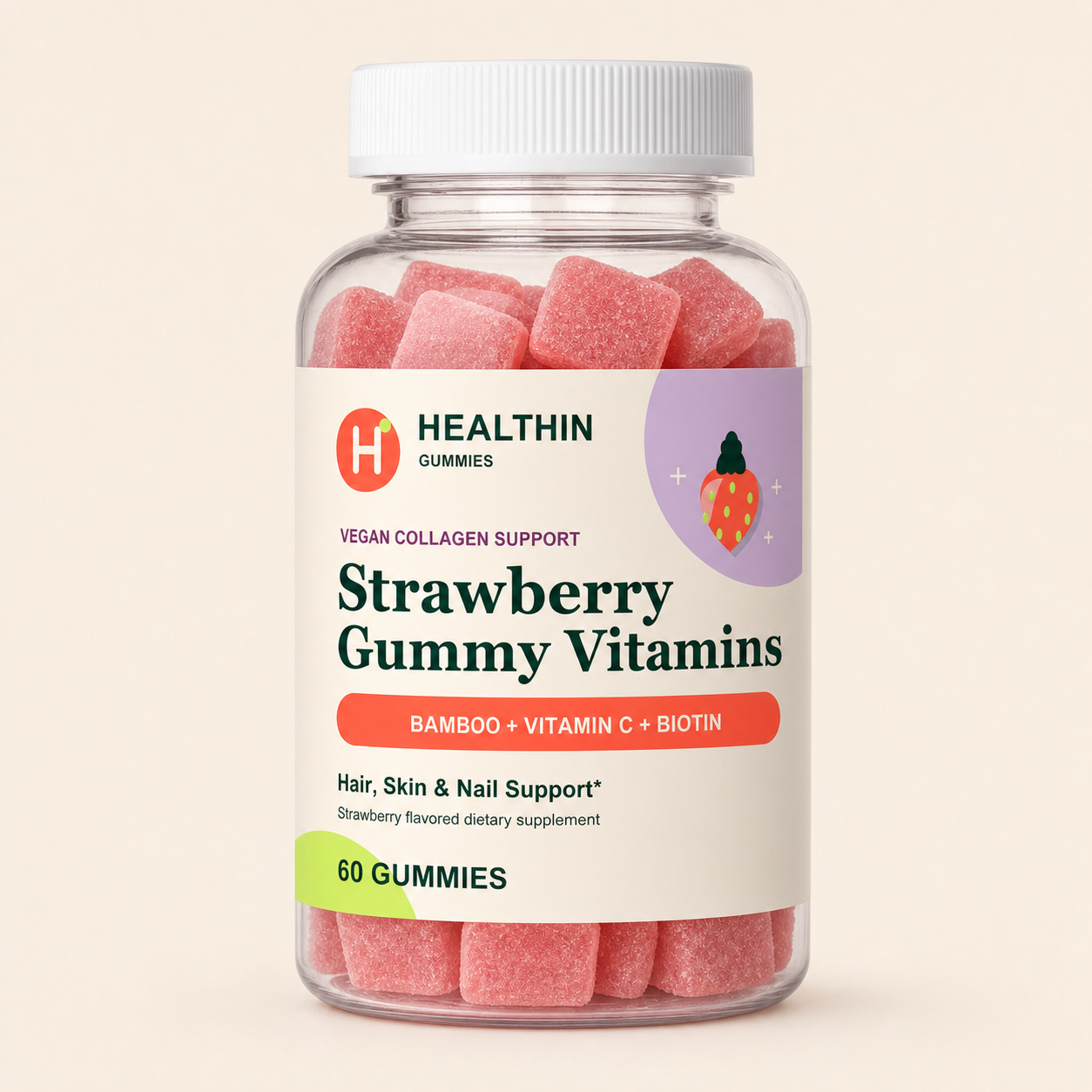 Strawberry Collagen Support bottle with Strawberry gummies